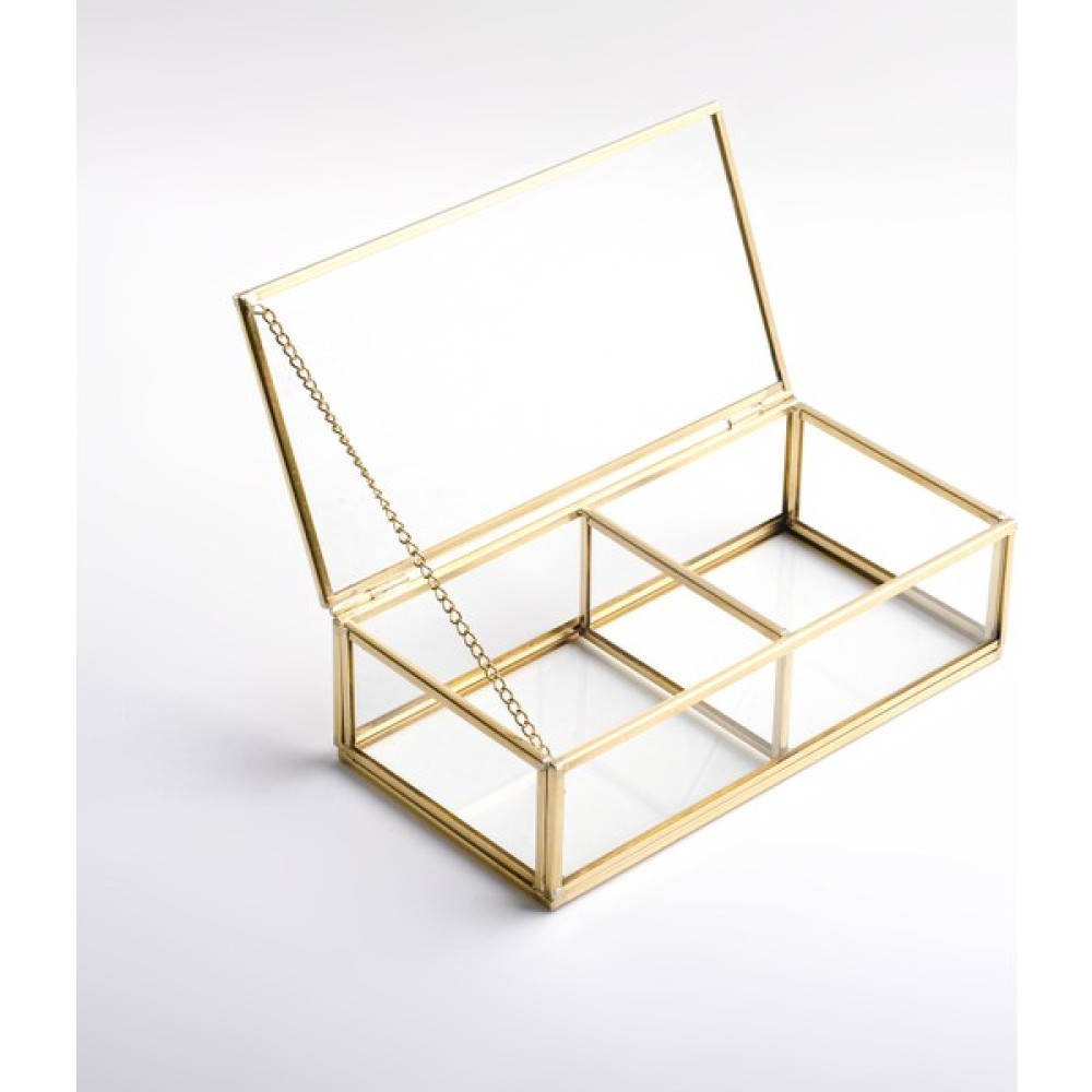 El Crea Designs 2 Bölmeli Cam Takı Aksesuar Makyaj Organizer Kutusu Gold Pirinç Brass 20X10X6 Eşya Saklama Kutusu Fiyatı