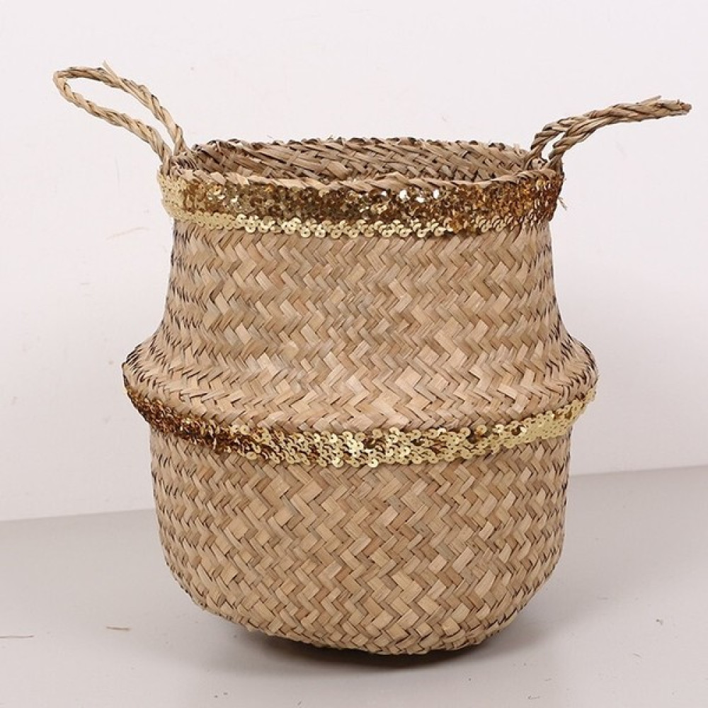 El Yapımı Pullu Katlanabilir Sepet, Bambu Hasır Saksılık, Doğal Dekoratif Sepet Çiçeklik M 30x30cm - 30x30 Sepet Fiyatı