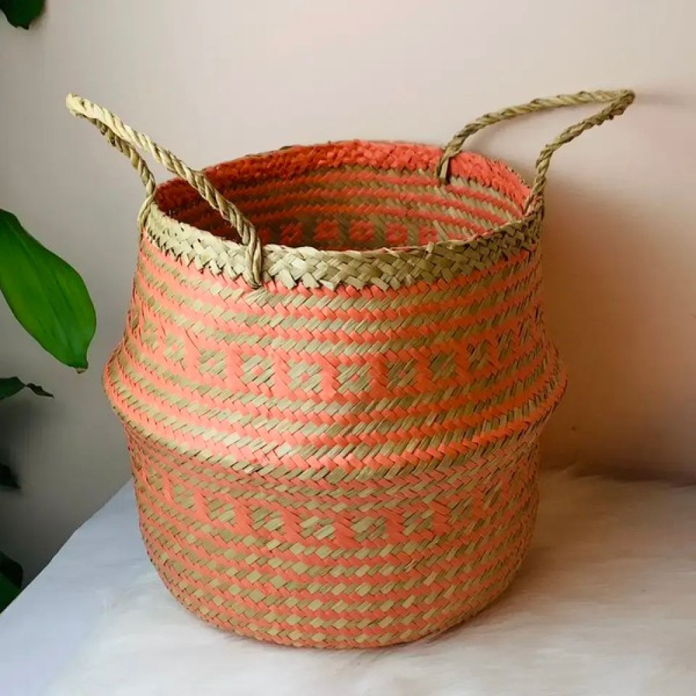 El Yapımı Turuncu Katlanabilir Sepet, Bambu Hasır Saksılık, Doğal Dekoratif Sepet Çiçeklik 35x30cm - 30x30 Sepet Fiyatı