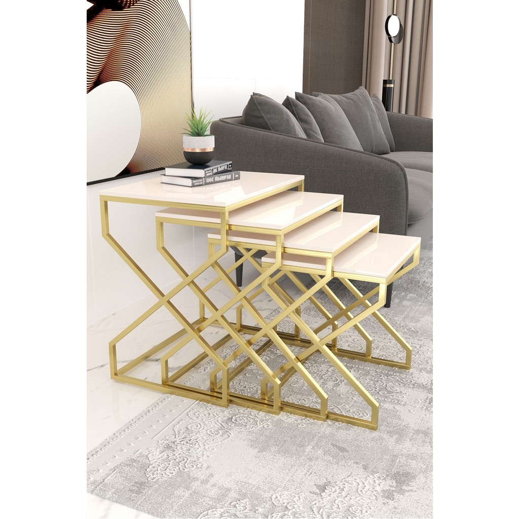 Ela 4l Ü Zigon Sehpa Gold (Eskitme) Yan Sehpa Krem Mdf Membran Kaplama - mat gold krem Yan Sehpa Fiyatı