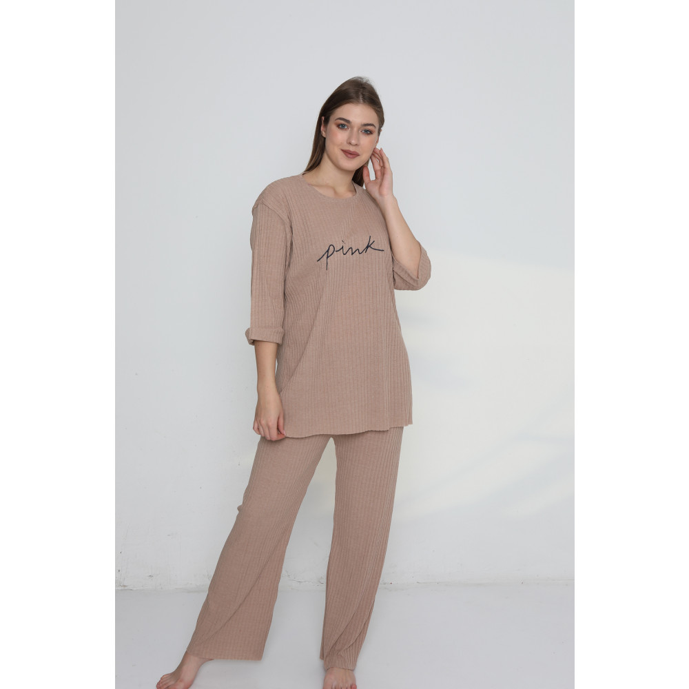 ELA Kahverengi Pink Yazılı Kaşkorse Büyük Beden Kadın Pijama Takımı XL Beden Giyim & İç Giyim Fiyatı