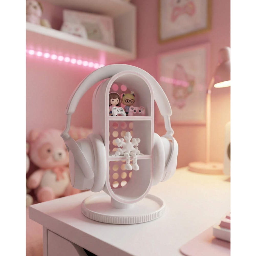 Elana Design Raflı Gamer Kulaklık Standı & Masa Üstü Organizer – (1 Adet Mini Figür Hediyeli) - Beyaz - Pembe Kulaklık Aksesuarı Fiyatı