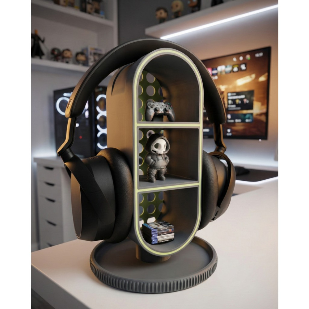 Elana Design Raflı Gamer Kulaklık Standı & Masa Üstü Organizer – (1 Adet Mini Figür Hediyeli) - Gri - Yeşil Kulaklık Aksesuarı Fiyatı