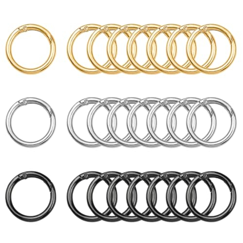 ELANE 24 Pcs Spring O Rings,Trigger Round Snap Buckle,Spring Keyring Buckle,Keychain Ring for Buckle,Bags,Purses (Silver+Gold+Grey, 1 inch)