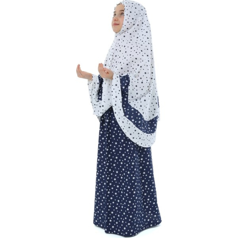 Elanesa Kız Çocuk Namaz Elbisesi Larcivert Rengi Yıldız Baskılı Kemer Desenli Kız Çocuk Elbise Fiyatı