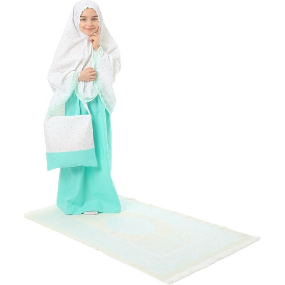Elanesa Kız Çocuk Namaz Elbisesi Pamuklu 4 Parçalı Set Mint Rengi Baskılı Kız Çocuk Elbise Fiyatı