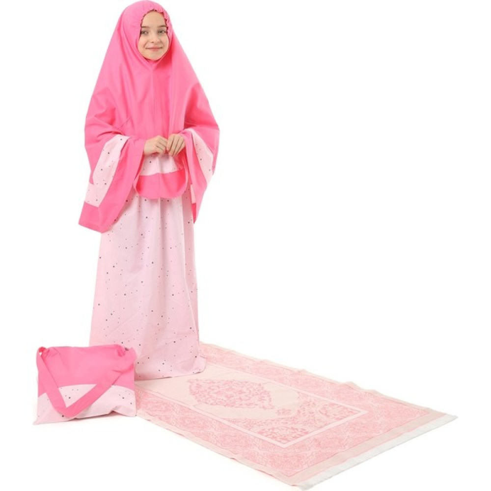 Elanesa Kız Çocuk Namaz Elbisesi Seti Çantalı Seccadeli Renkli Yıldız Baskılı Kız Çocuk Elbise Fiyatı