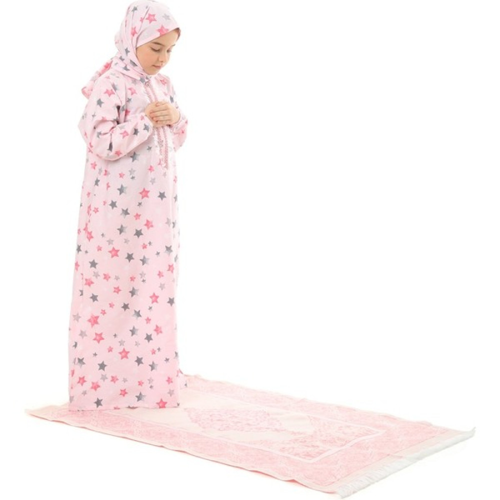 Elanesa Pratik Fermuarlı Pamuklu Kız Çocuk Namaz Elbisesi 3 Parçalı Set Pembe Baskılı Kız Çocuk Elbise Fiyatı