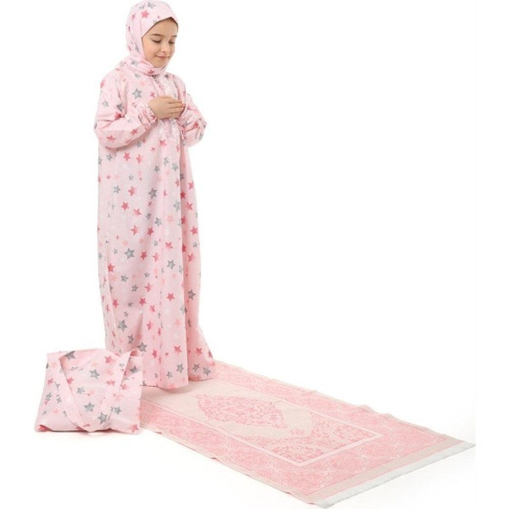 Elanesa Pratik Fermuarlı Pamuklu Kız Çocuk Namaz Elbisesi 4 Parçalı Set Pembe Baskılı Kız Çocuk Elbise Fiyatı