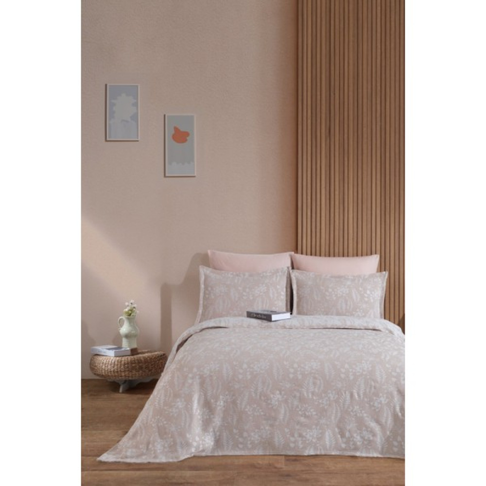 Elart Mokka Keten Görünümlü Yatak Örtüsü Pike Seti 3 Parça Çift Kişilik Ekru - 240 x 230 cm Yatak Örtüsü Fiyatı