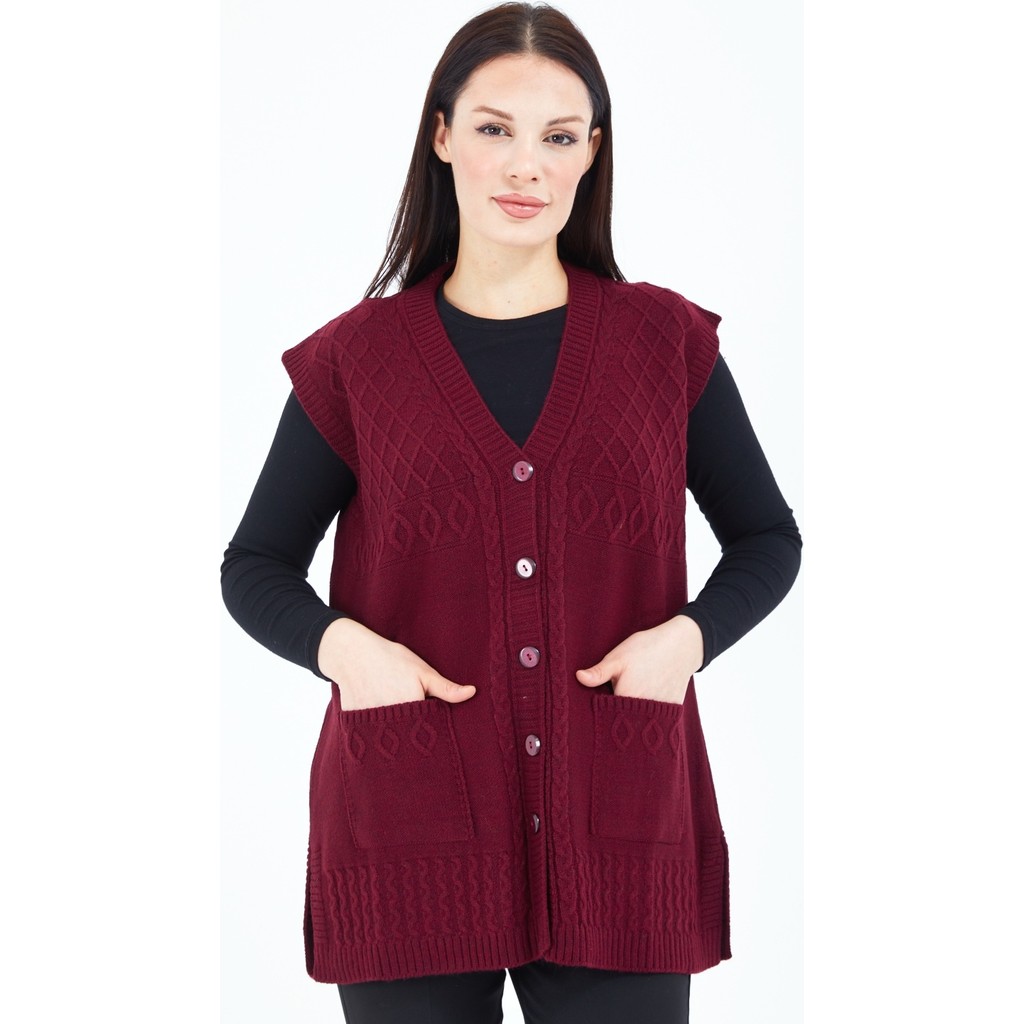Elçelya Moda Kadın Bordo V Yaka Düğmeli Cepli Yün Anne Triko Yelek Bayan Kazak & Süveter & Triko Fiyatı