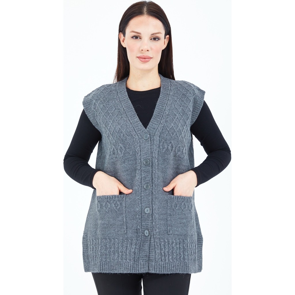Elçelya Moda Kadın Gri V Yaka Düğmeli Cepli Örgü Yün Anne Triko Yelek Diğer Fiyatı