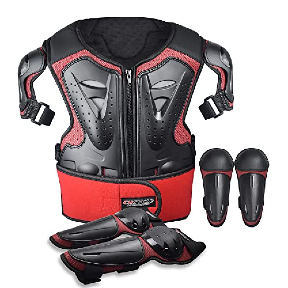 ElCYCO Kids Motorcycle Armor Suit Dirt Bike Gear Chest Protector Motocross for Kids Dirt Bike Chest Protective Gear with Elbow Knee Pads Guards for Cycling(red)