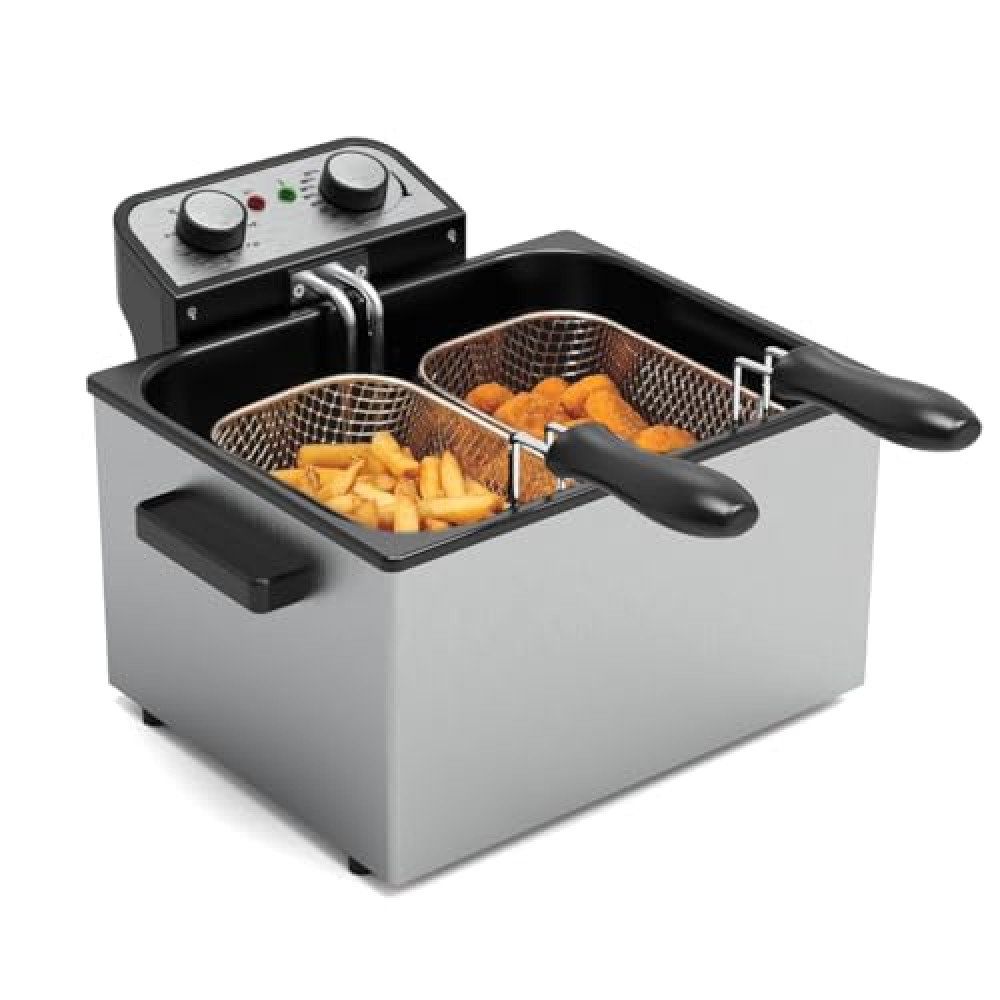 Electric Deep Fryer with Basket,1750W 5L 21 Cups Stainless Steel Electric Oil Fryer with 3 Frying Baskets, Adjustable Temperature,View Window Lid,Countertop Stainless Steel Body Deep Fryer Pot