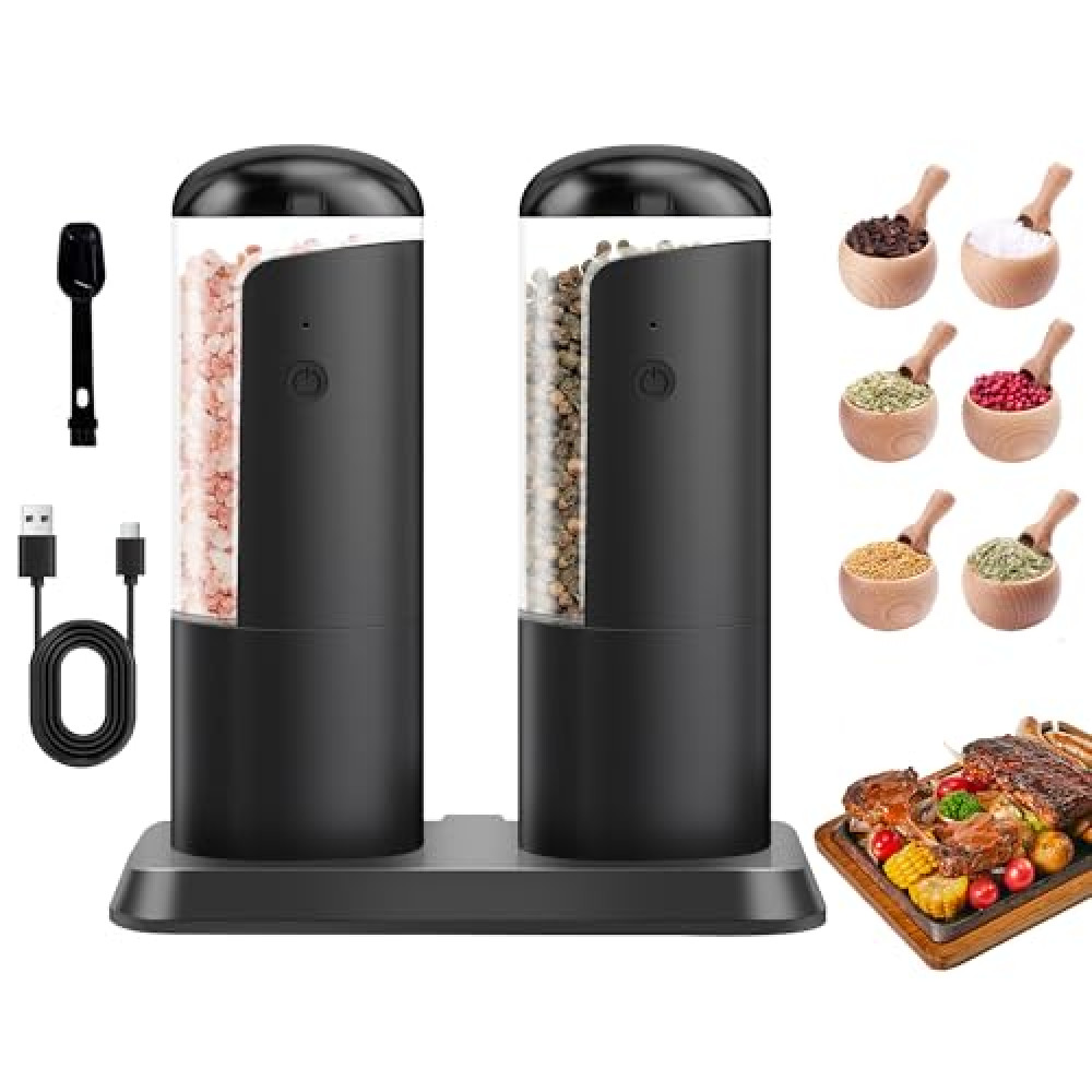 Electric Salt and Pepper Grinder,Automatic Salt and Pepper Grinder Pepper Grinder Set with Charging Base and White LED Light,Adjustable Coarseness,USB Rechargeable,Black