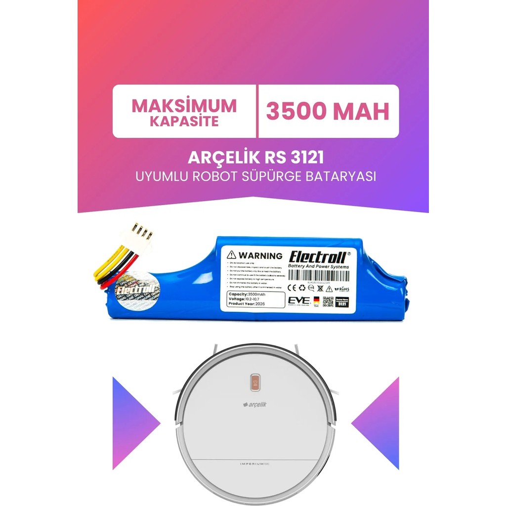 Electroll Arçelik Rs 3121 Uyumlu Batarya (Maksimum Kapasite) 3500MAH Pil Robot Süpürge Bataryası Değişimi 9178024542 Robot Süpürgeler Fiyatı