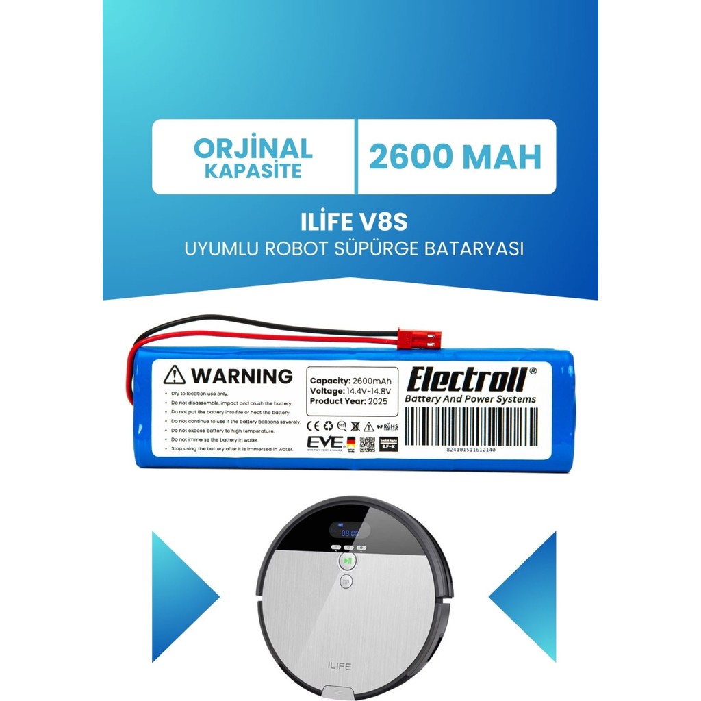 Electroll Ilife V8s Uyumlu Batarya (ORJİNAL KAPASİTE) 2600mah Pil Robot Süpürge Bataryası Değişimi Robot Süpürgeler Fiyatı