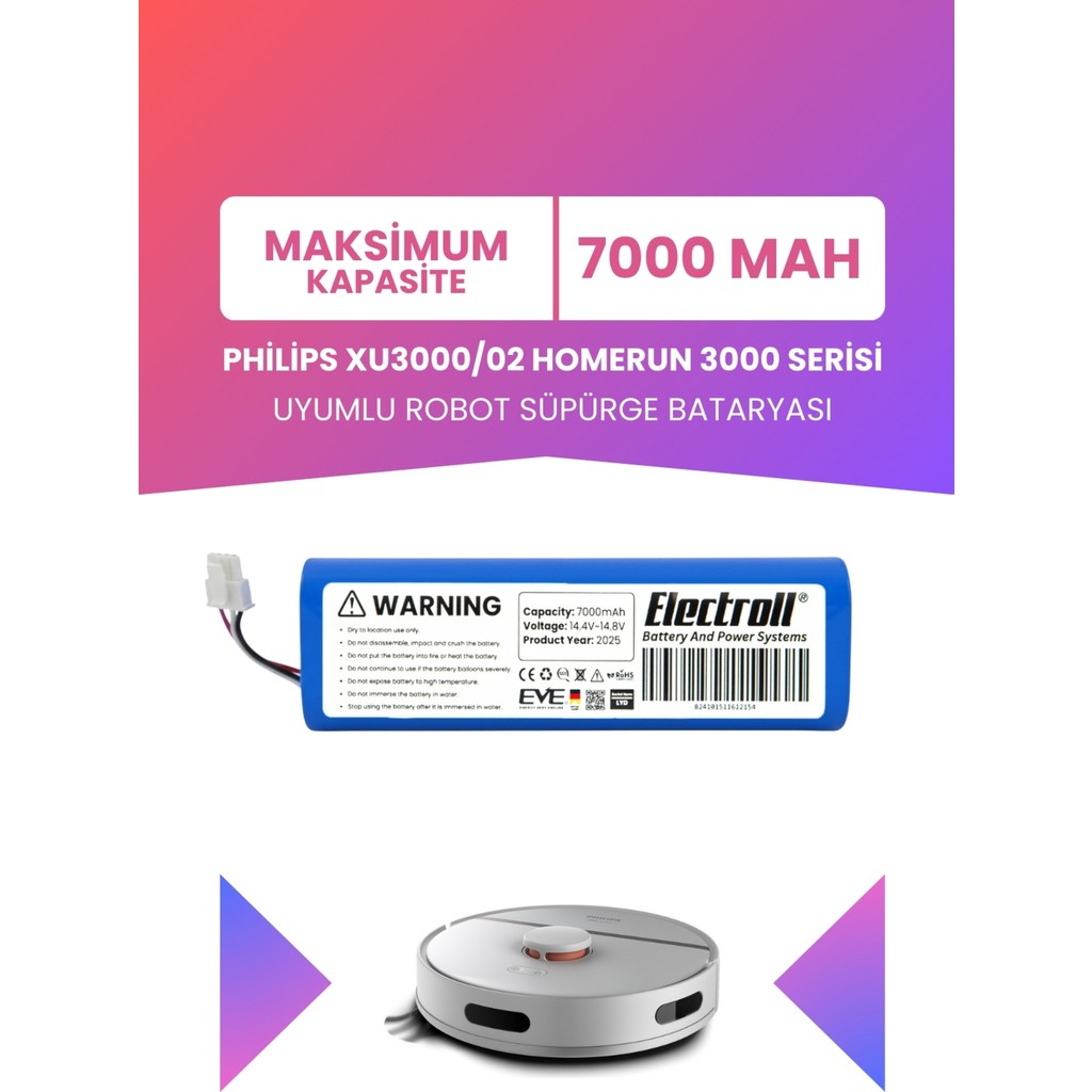 Electroll Philips XU3000/02 Homerun 3000 Serisi Batarya (Ultra Yüksek Kapasite) 7000MAH Robot Süpürge Pili Robot Süpürgeler Fiyatı