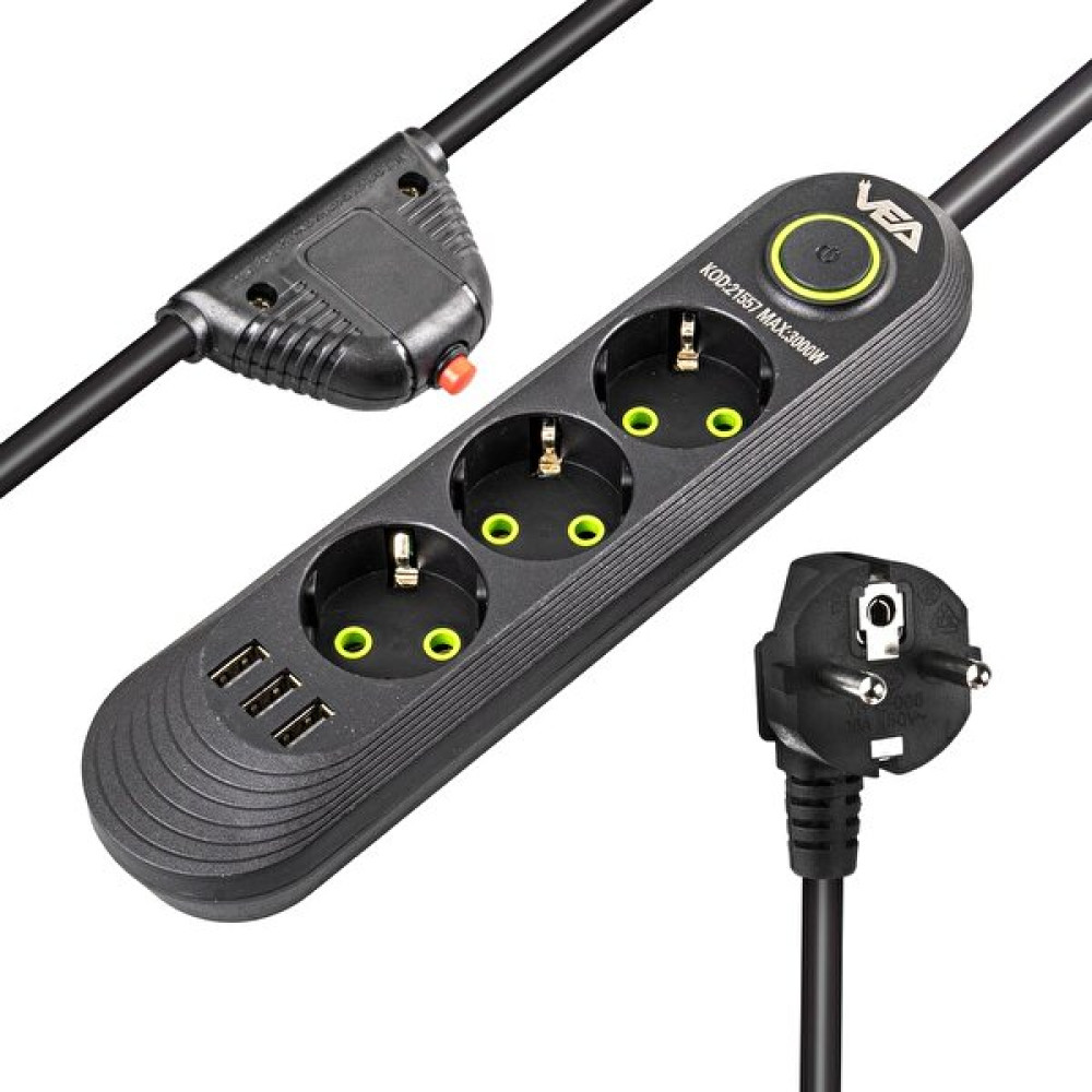 Electronaz Vea VA-21557 Isıya Dayanıklı Akım Korumalı 3 Lü USB Li Priz 3000 Watt Prizler Fiyatı