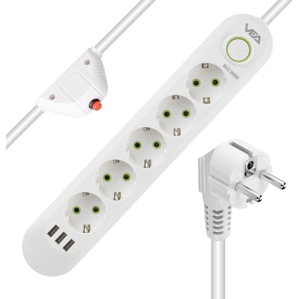 Electronaz Vea VA-21562 5'li Akım Korumalı Uzatma Priz 1.5 Metre Isıya Dayanıklı USB Li Güvenlik Anahtarlı Prizler Fiyatı