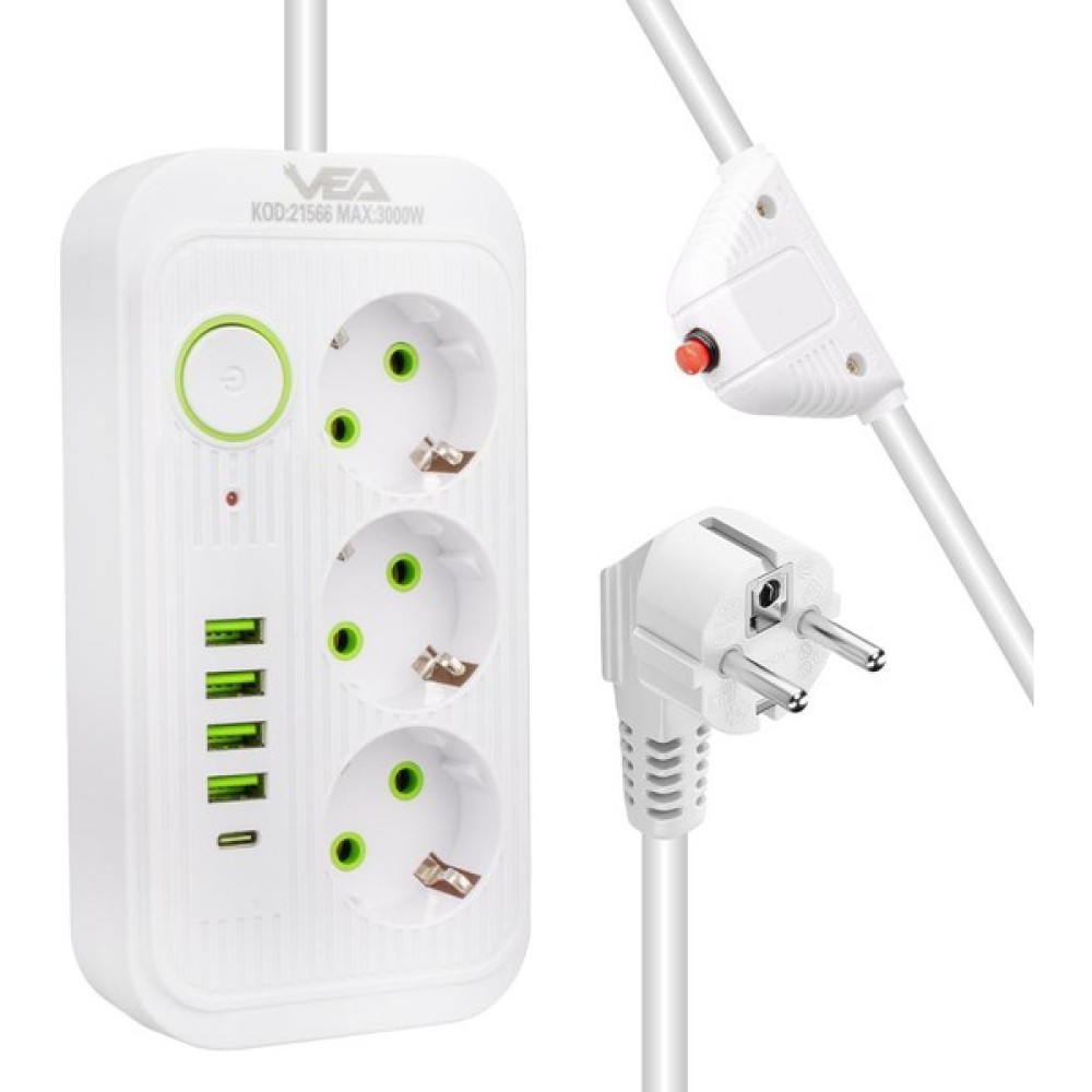 Electronaz Vea VA-21566 Akım Korumalı Isıya Karşı Dayanıklı Grup Priz ve 3'lü USB Şarj Aleti 3000 Watt Akım-Korumalı-Usb-Üçlü-Priz Prizler Fiyatı