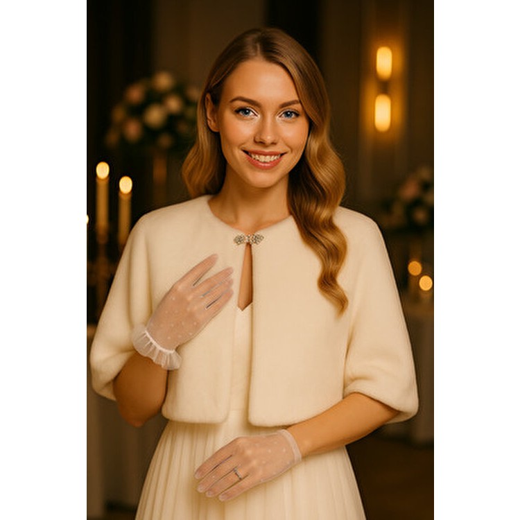 Elegance Scarf Elegance Kırık Beyaz Broşlu Kürk Etol Gelin Bolero Şal Kadın Pamuk Kumaş Düz Desenli Diğer Fiyatı