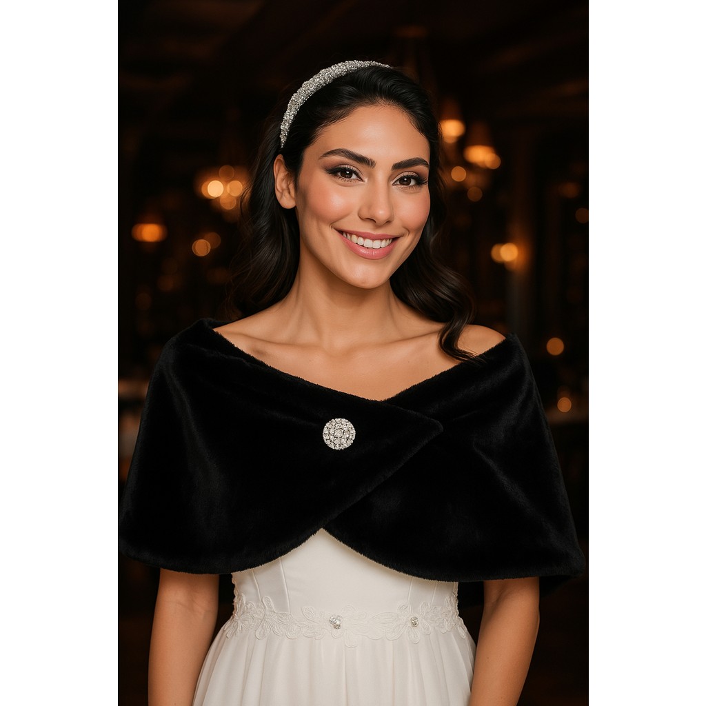 Elegance Scarf Kısa Broşlu Kürk Etol Gelin Bolero Siyah Standart Ebat Diğer Fiyatı