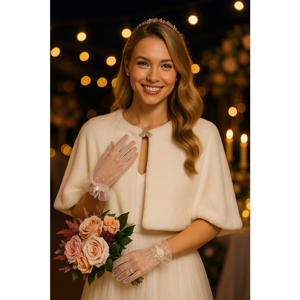 Elegance Scarf Uzun Broş Kürk Etol Gelin Bolero Kırık Beyaz Diğer Fiyatı