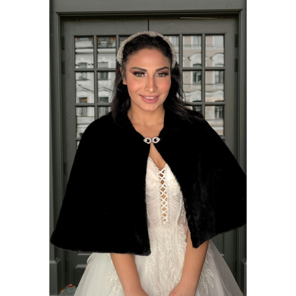 Elegance Scarf Uzun Broşlu Kürk Etol Gelin Bolero Siyah Standart Ebat Bolero Fiyatı