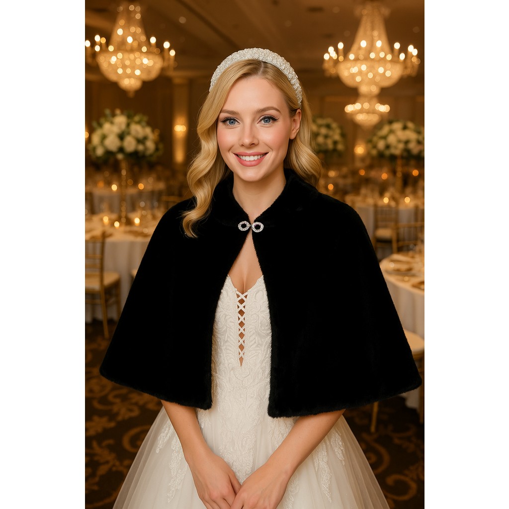 Elegance Scarf Uzun Broşlu Kürk Etol Gelin Bolero Siyah Standart Ebat Bolero Fiyatı