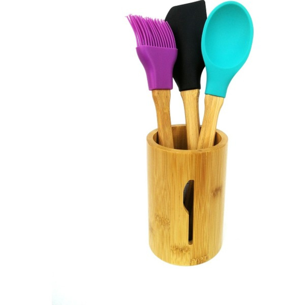 Elegancev Bambu Standlı - Bambu Saplı Silikon Kaşık Spatula Fırça Seti Mutfak Gereçleri Fiyatı