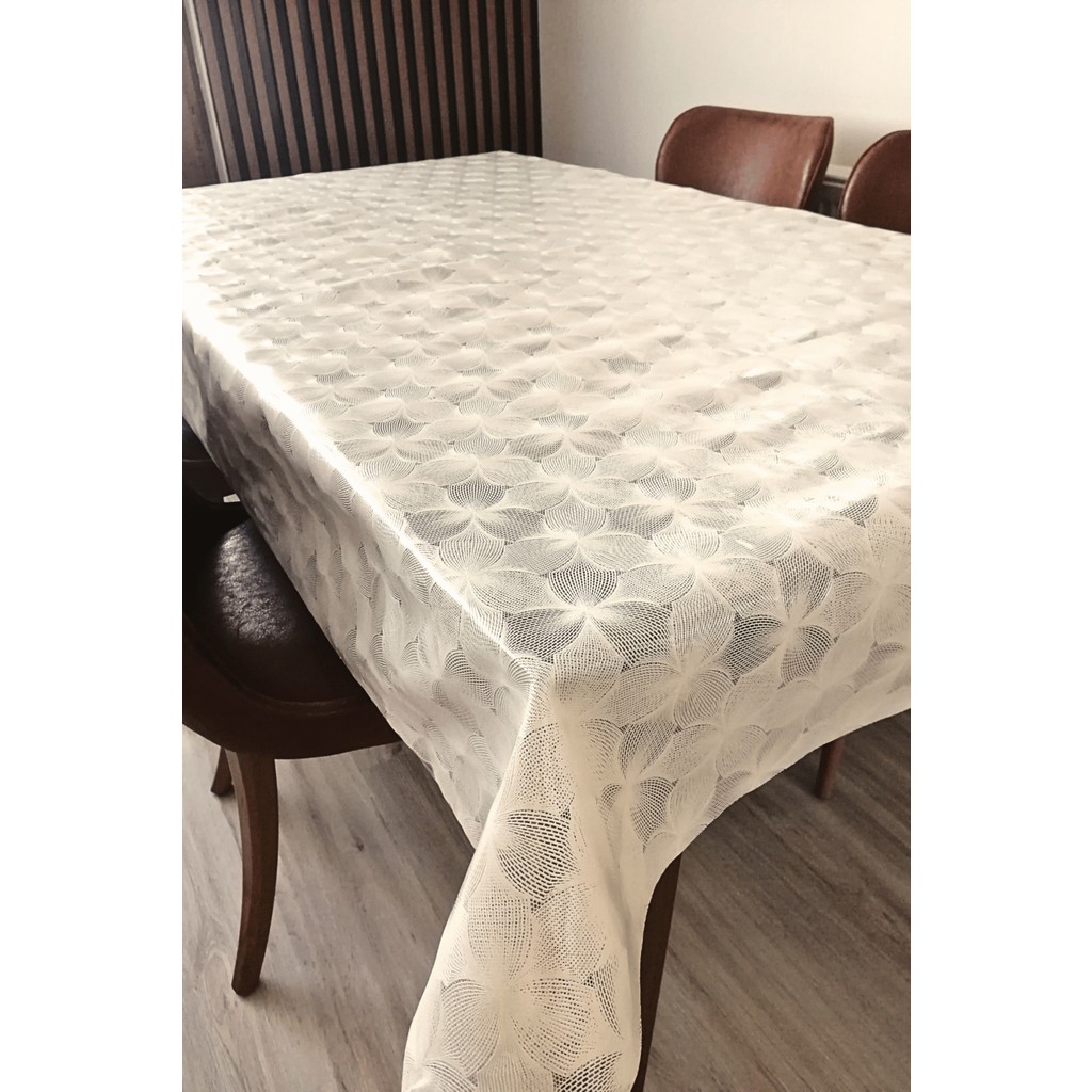 Elegancev Dantel Görünümlü Üstü Şeffaf Kaplı Muşamba Masa Örtüsü -Beyaz Renk-Halka-Farklı Ölçülerde - Krem - 140 x 300 cm SSD / Solid State Drive Fiyatı