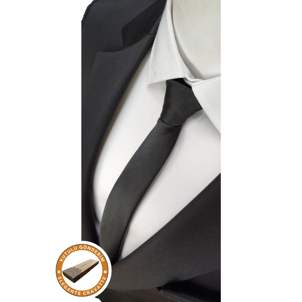 Elegante Cravatte Siyah Extra Slim İnce Mat Kravat Ve Cep Mendili Kravat Fiyatı