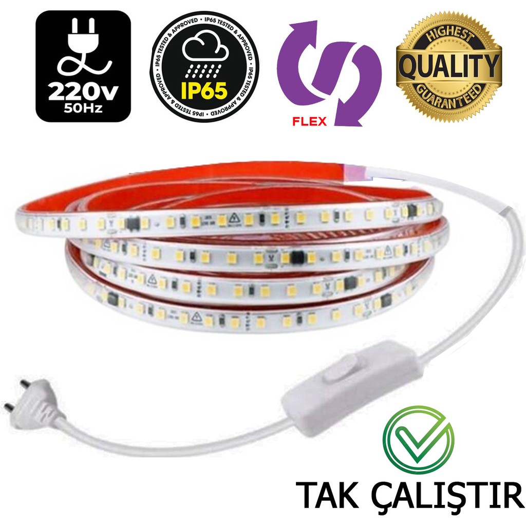 Elektroled Market 220V Şerit LED(BEYAZ IŞIK) 22 METRE 120 Ledli Yüksek Işık Fişli Anahtarlı Tak Çalıştır Dış Mekan Yapışkanlı - 22 m - Beyaz Led Aydınlatmalar Fiyatı