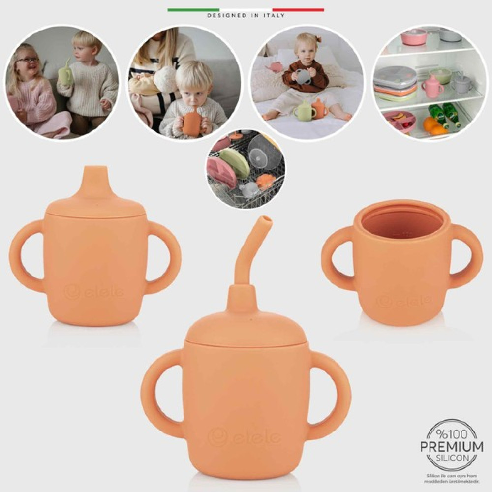 Elele 3in1 Silikon Bebek Alıştırma Bardağı Seti Kulplu ve Pipetli Turuncu Bebek Beslenme Gereçleri Fiyatı