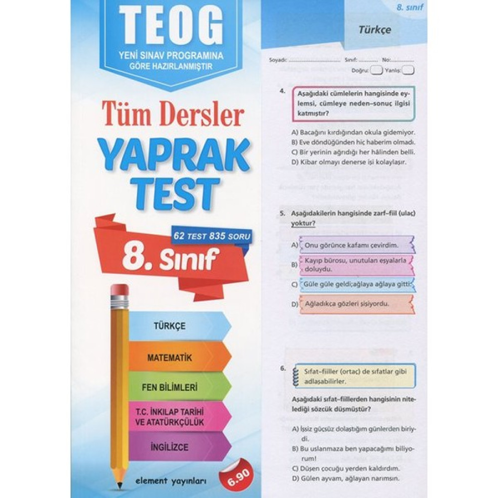 Element Yayınları 8. Sınıf Teog Tüm Dersler Yaprak Test TEOG Kitapları Fiyatı