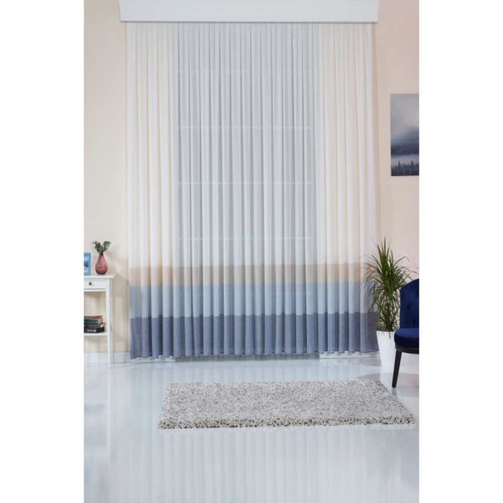 Elenor Şeritli Keten Görünümlü Çocuk Odası Melon - Pilesiz - Büzdürmeli Ekstrafor Tül Perde - Beyaz - Mavi - 100 x 270 cm Tül Perde Fiyatı