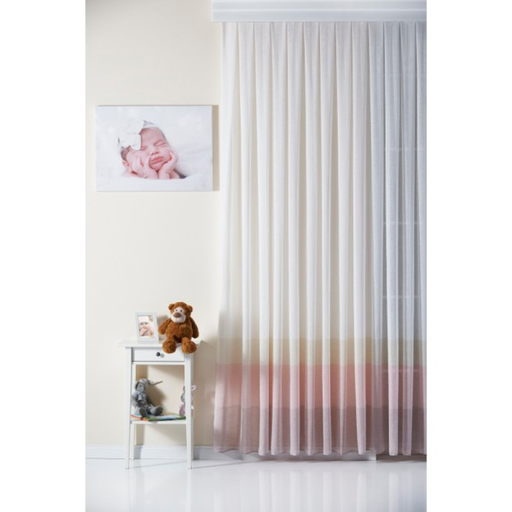 Elenor Şeritli Keten Görünümlü Çocuk Odası Tül Perde Melon - Pilesiz - Büzdürmeli Ekstrafor - 600 x 250 cm - Beyaz - Pembe Tül Perde Fiyatı