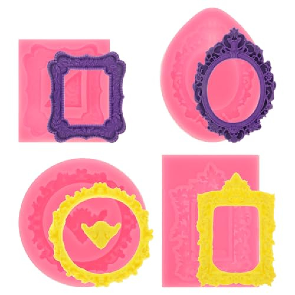 ElevateTech Photo Frame Fondant Mold, 4Pcs Picture Frames Silicone Molds Pink Vintage Frame Molds Baroque Style Polymer Clay Decorating Tools for Cake Decorating Cupcake Topper Chocolate Candy