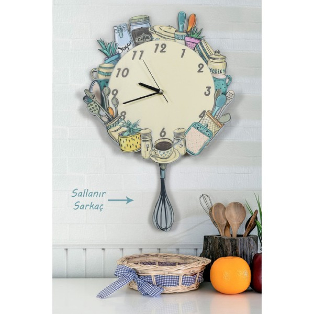 Elfida Design Modern 3 Boyutlu Mutfak Gereçleri Temalı Sarkaçlı Ahşap Mutfak Duvar Saati ELF-2312034 Çok Renkli A - 1 cm Dekoratif Saat Fiyatı
