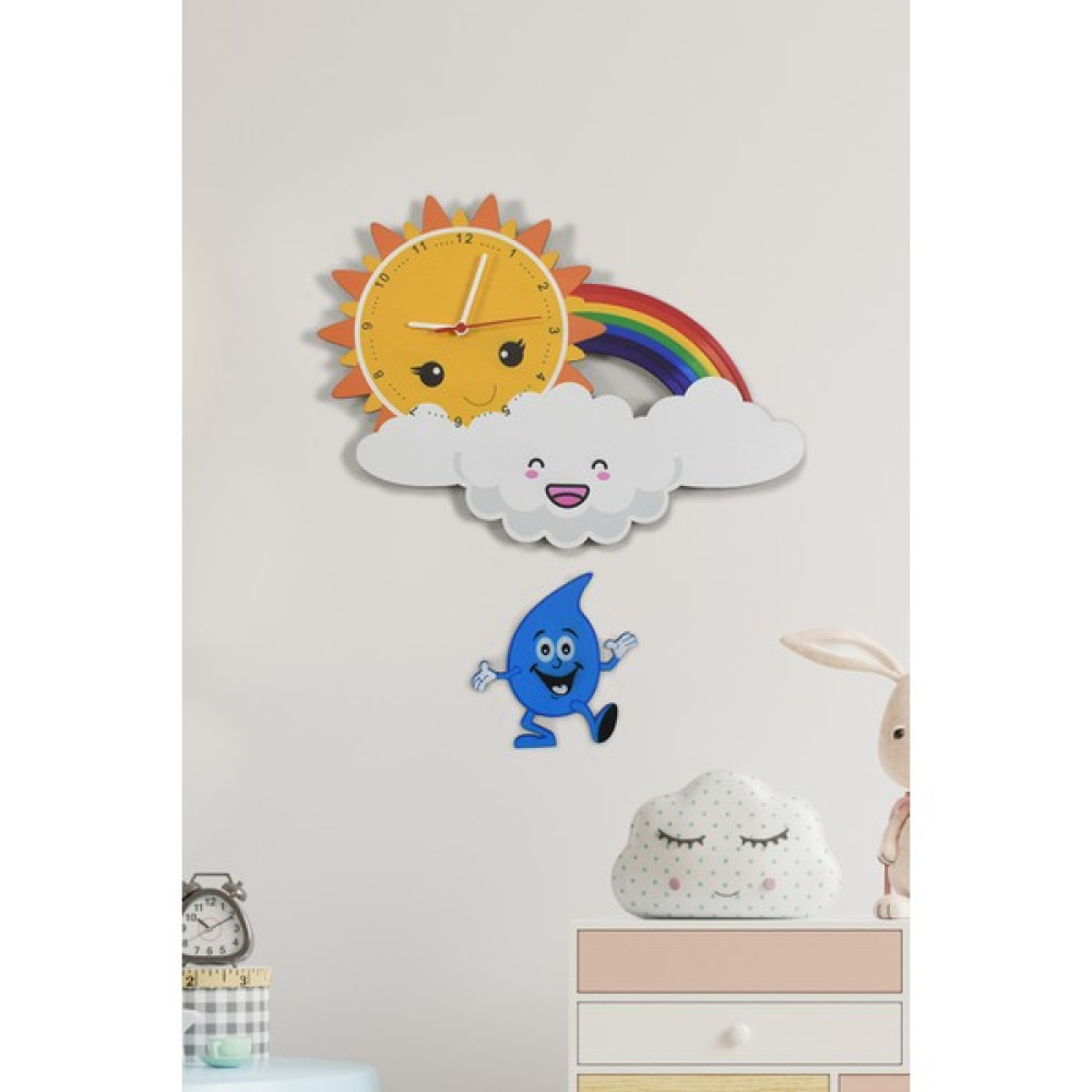 Elfida Sevimli Bulut, Güneş ve Gökkuşağı Çocuk Odası Ahşap Duvar Saati ELF-2312025 - Renkli - 45 x 60 cm Dekoratif Saat Fiyatı