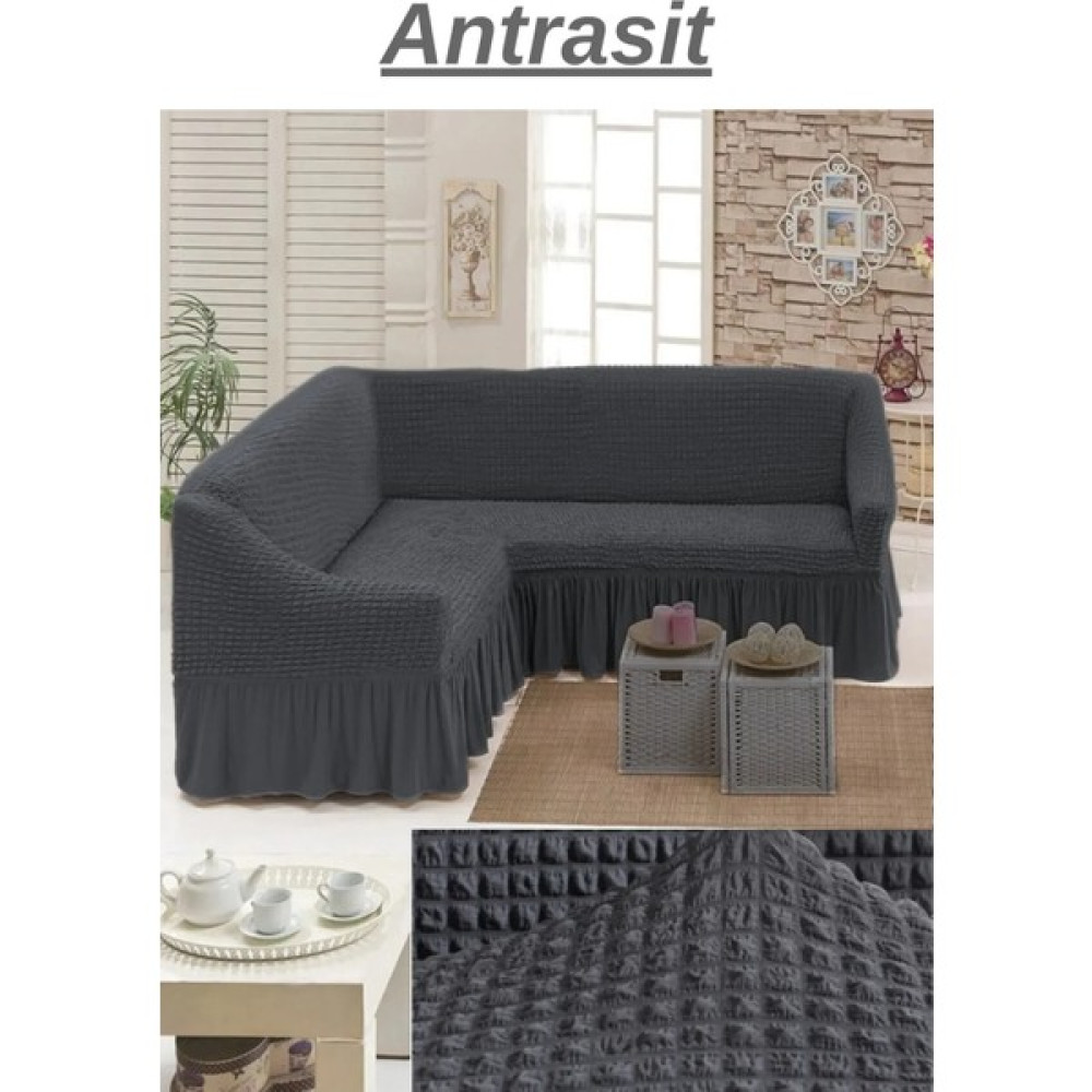 Elhoş Bürümcük Etekli L Köşe Koltuk Örtüsü. 7 Kişilik/5 Kişilik Esnek, Yıkanabilir Köşe Koltuk Kılıfı. - 300 x 350 cm - Antrasit Koltuk & Kanepe Örtüsü Fiyatı