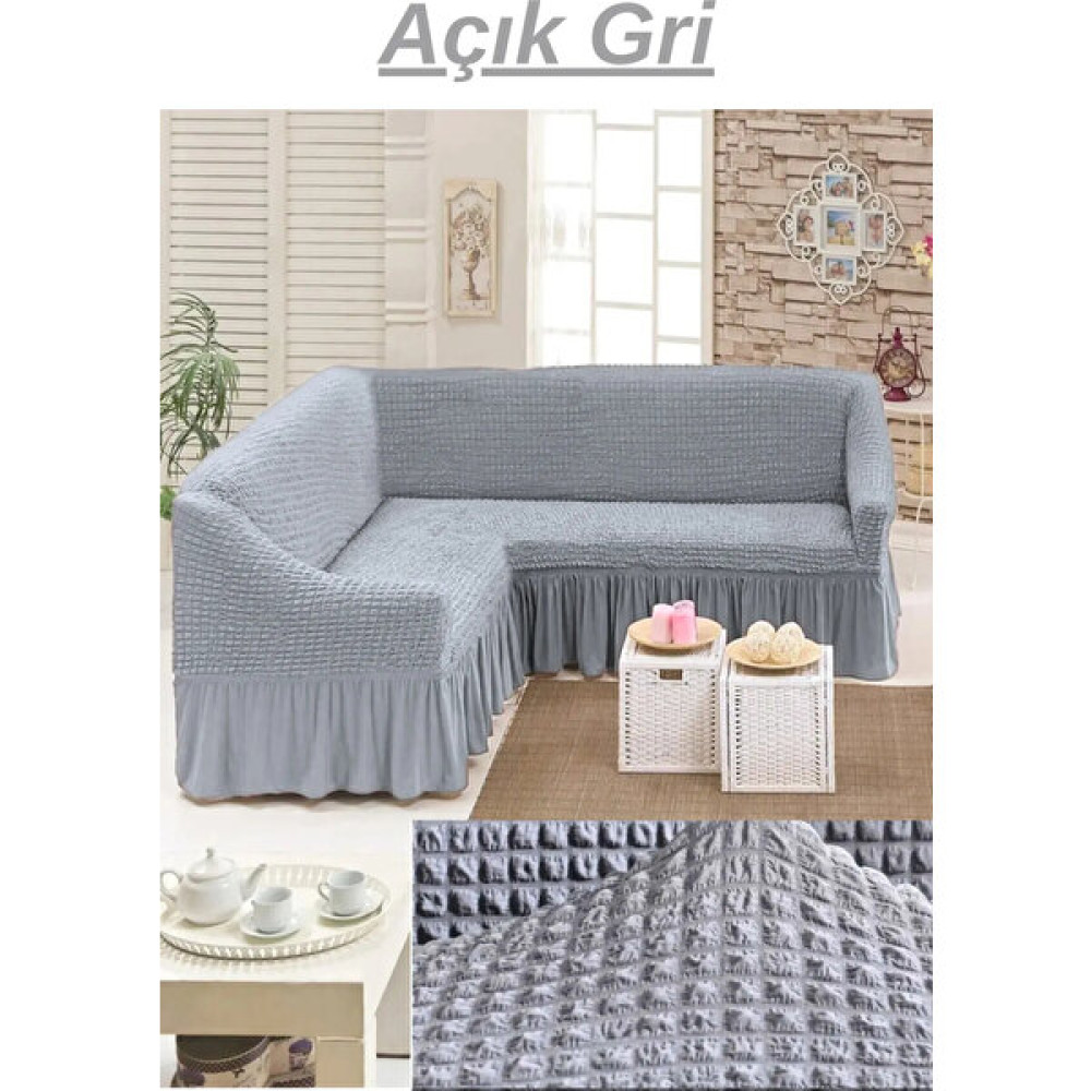 Elhoş Bürümcük Etekli L Köşe Koltuk Örtüsü. 7 Kişilik/5 Kişilik Esnek, Yıkanabilir Köşe Koltuk Kılıfı. - 300 x 350 cm - Gri Koltuk & Kanepe Örtüsü Fiyatı