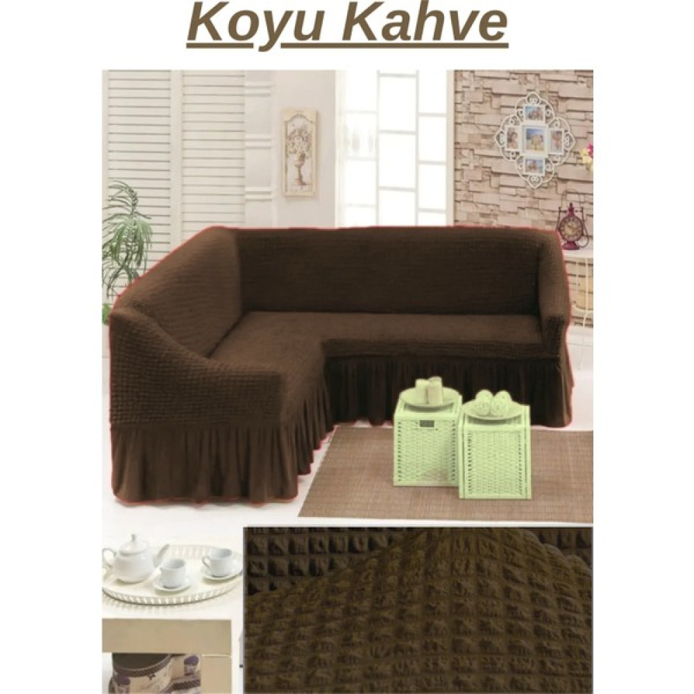 Elhoş Bürümcük Etekli L Köşe Koltuk Örtüsü. 7 Kişilik/5 Kişilik Esnek, Yıkanabilir Köşe Koltuk Kılıfı. - 300 x 350 cm - Koyu Kahverengi Koltuk & Kanepe Örtüsü Fiyatı