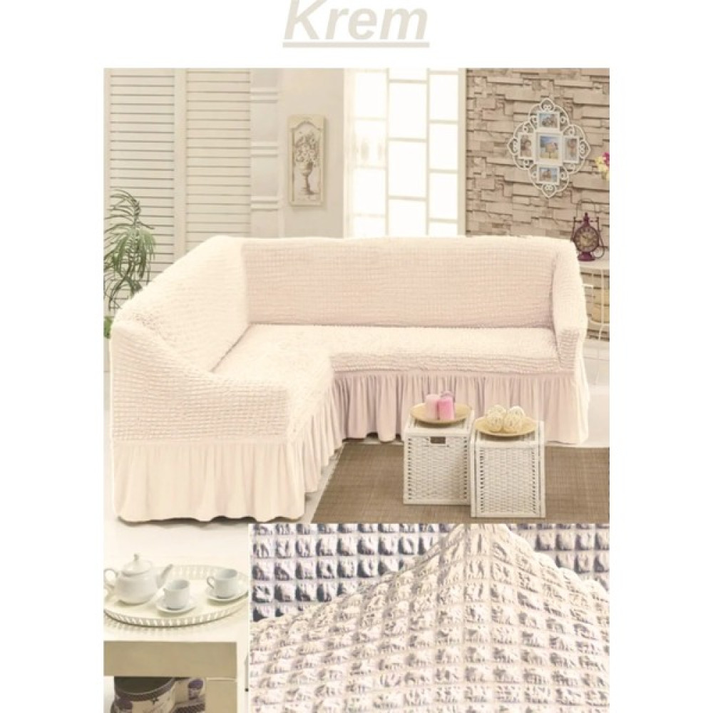 Elhoş Bürümcük Etekli L Köşe Koltuk Örtüsü. 7 Kişilik/5 Kişilik Esnek, Yıkanabilir Köşe Koltuk Kılıfı. - 300 x 350 cm - Krem Koltuk & Kanepe Örtüsü Fiyatı