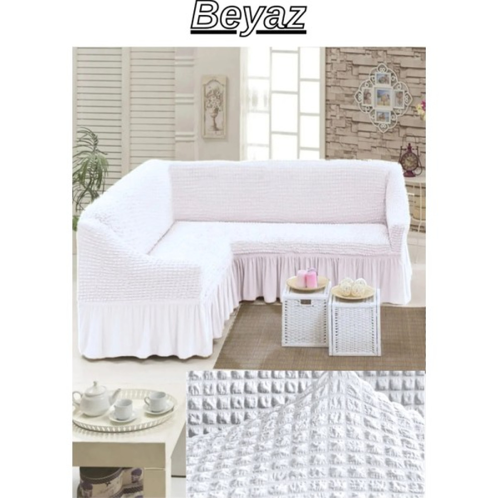 Elhoş Bürümcük Etekli L Köşe Koltuk Örtüsü. 7 Kişilik/5 Kişilik Esnek, Yıkanabilir Köşe Koltuk Kılıfı. - 450 x 550 cm - Beyaz Koltuk & Kanepe Örtüsü Fiyatı