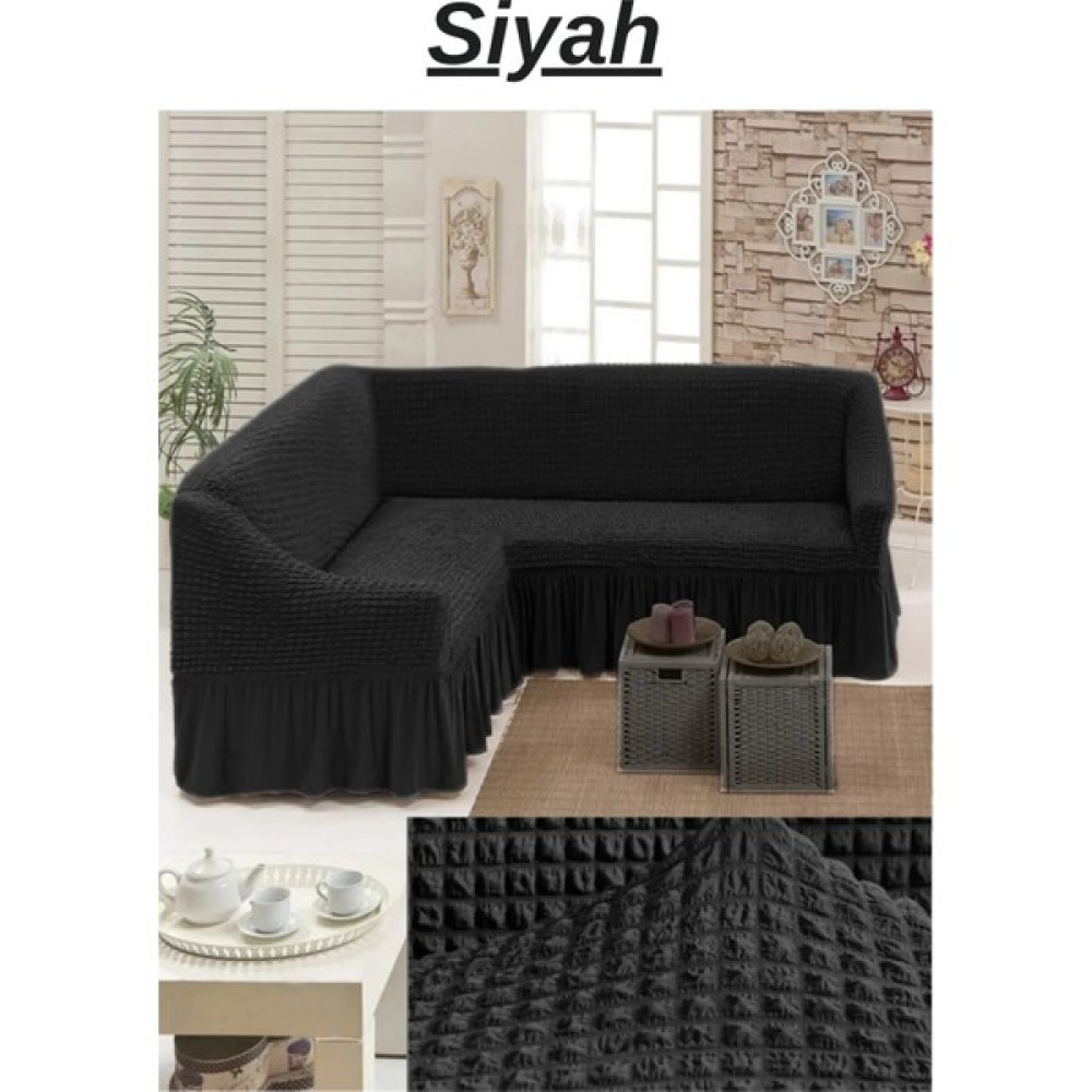 Elhoş Bürümcük Etekli L Köşe Koltuk Örtüsü. 7 Kişilik/5 Kişilik Esnek, Yıkanabilir Köşe Koltuk Kılıfı. - 450 x 550 cm - Siyah Koltuk & Kanepe Örtüsü Fiyatı