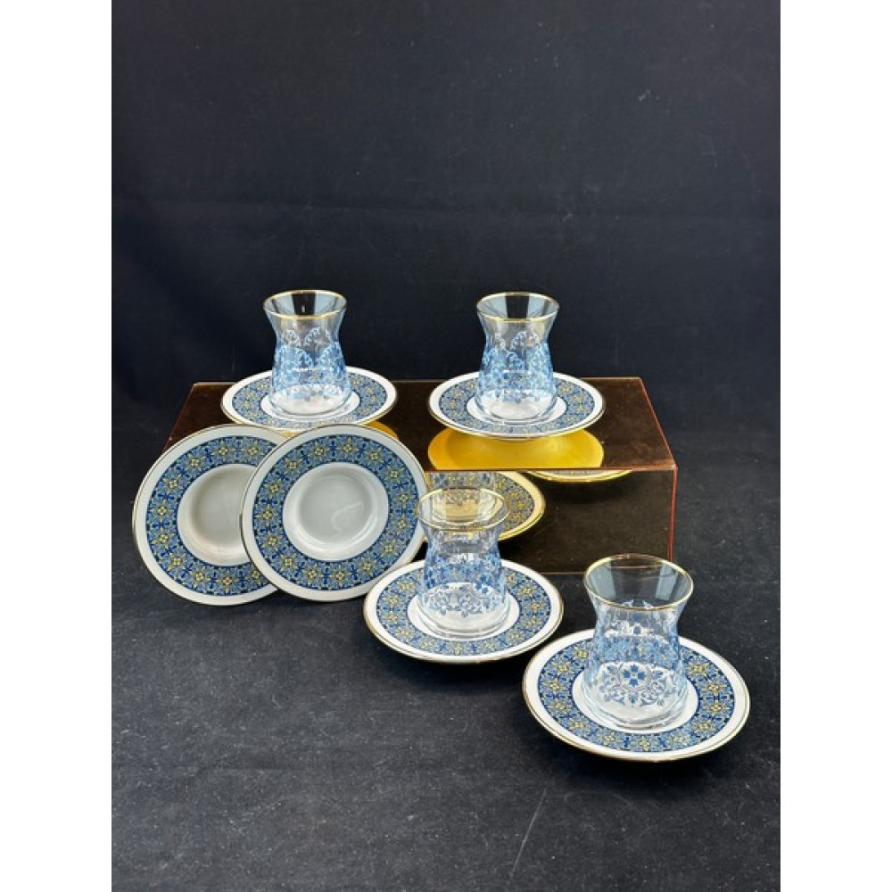 Elia Blue 12 Parça Gold Çay Seti Porselen Tabaklı Cam Bardaklı BLUE001 - Mavi - 165 ml Fincan / Bardak / Kahve Takımı Fiyatı