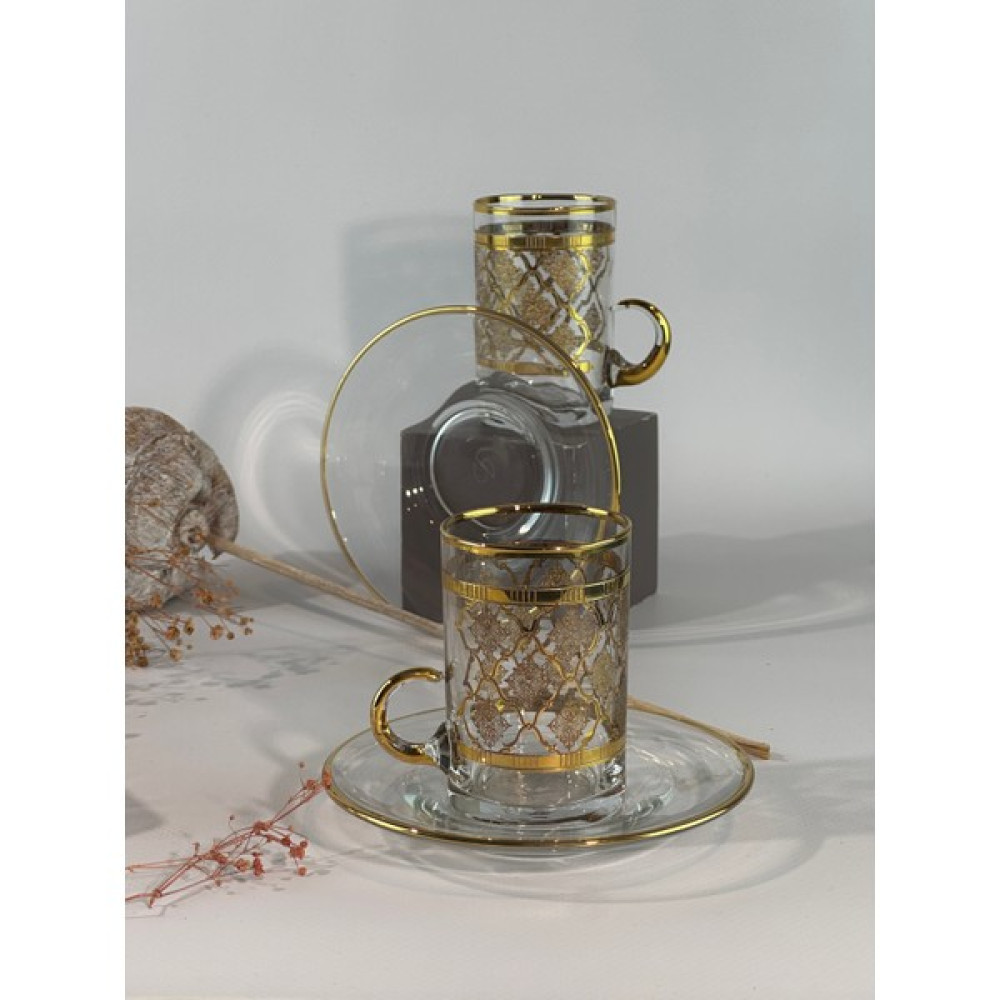 Elia Golden 12 Parça Gold Çay Seti Cam Tabaklı Cam Bardaklı GOLDEN001 - 125 ml Fincan / Bardak / Kahve Takımı Fiyatı