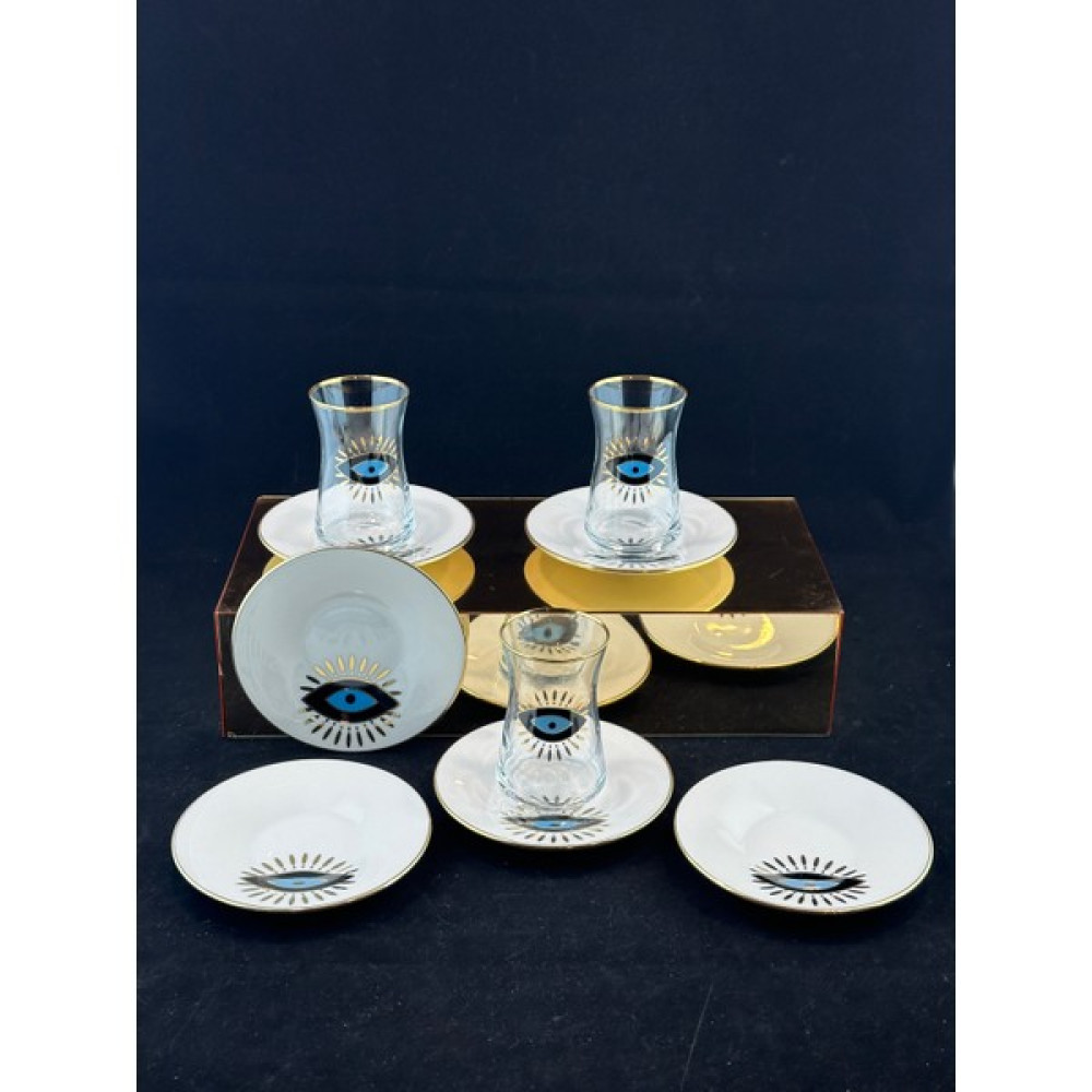 Elia Goldeye 12 Parça Gold Çay Seti Porselen Tabaklı Cam Bardaklı GOLDEYE001 - 165 ml Fincan / Bardak / Kahve Takımı Fiyatı